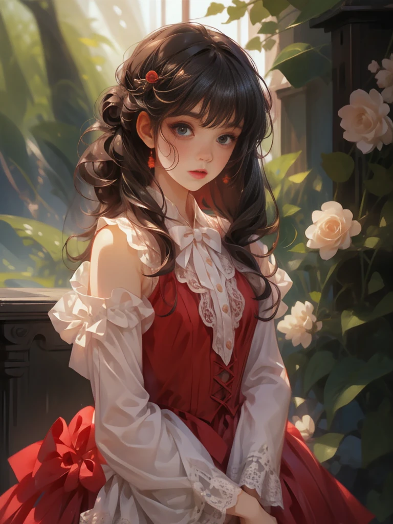 1girl, beauty, Wearing a rose-red Lolita magic dress，Beautiful eyes，Beautiful hair accessories，背景是beauty的魔法室，Lolita style，Second Dimension，Masterpiece，High quality and high resolution，comics，Small fresh, cowboy shot, UHD, retina, ccurate, anatomically correct, textured skin, super detail, award winning, best quality, 8k, 1lltnh1