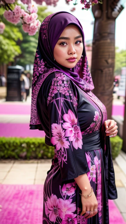 an indonesian gorgeous hijab girl in a fuchsia colour scarf, ((and a black gamis dress with abstract printed of pink and purple flowers)), in a red carpet, ((chubby)), cherry blossom, necklace, bracelet, ring, detailed detail, real skin texture, realistic image, ultra sharp,