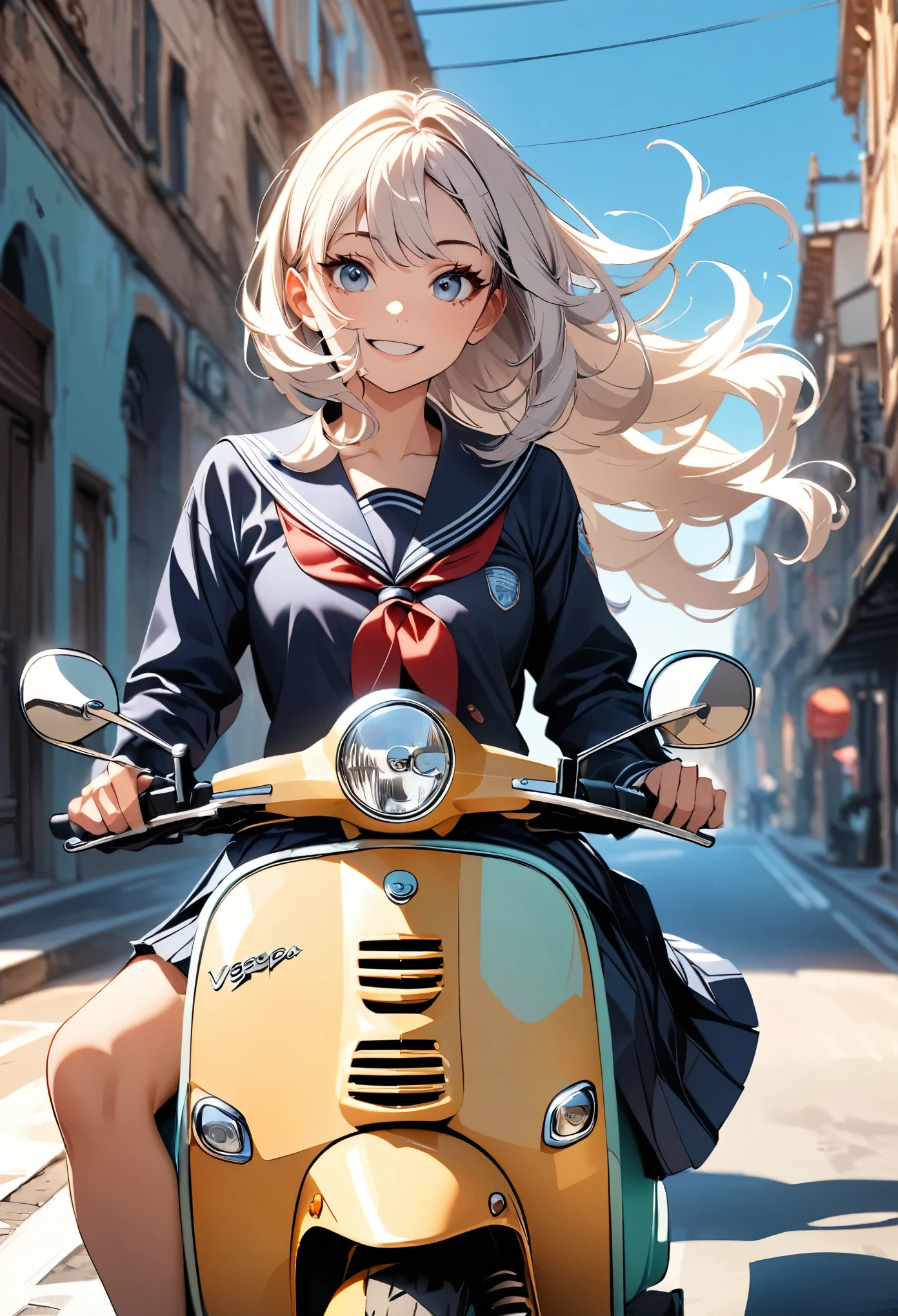 (highest quality:1.2, Very detailed, up to date, Vibrant, Ultra-high resolution, High Contrast, Super Detail, masterpiece:1.2, highest quality, Best aesthetics), (((1 girl))), Beautiful woman, (smile:1.2), Vespa, (scooterに乗る女子校生), Detailed skin texture, Sailor suit, Pleated skirt, Detailed face, Detail Eye, Beautiful eyes, Hair blowing in the wind, scooter, ((Vespa:1.2)), Pop Art.