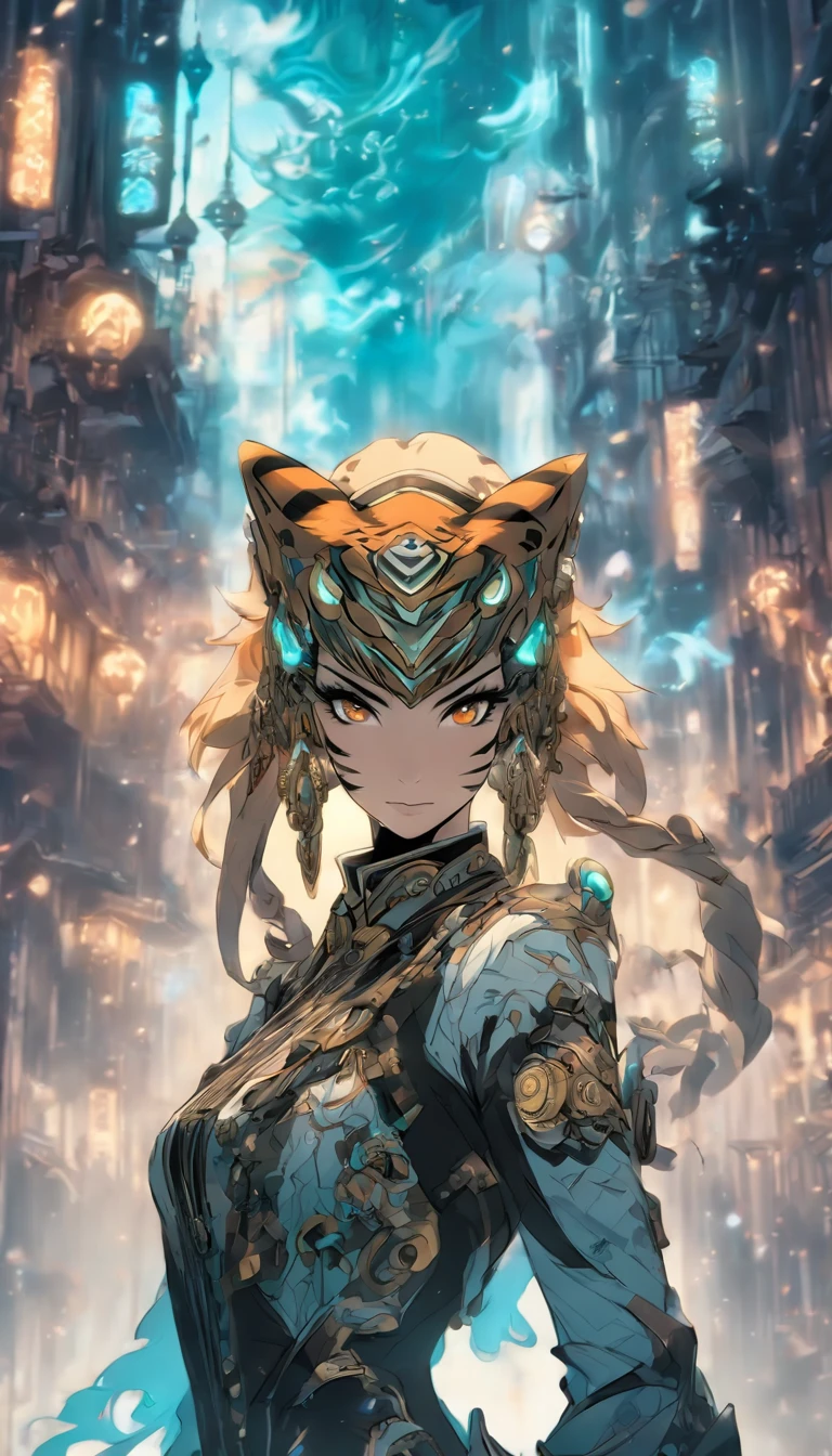 Chinese ink style,Steampunk world,Tiger-shaped steampunk warframe girl,Jet steam is suspended in the city air,Ink animation art,Ink comic art,water ink,ink,Smudge,8K,Delicately portrayed,Works of masters,Black and white tones