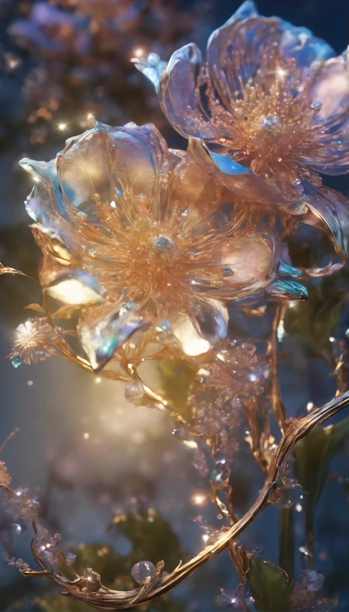 Clear sky, star-filled sky, aurora,moon light,All expressed with jewels, the arrival of spring,
, beautiful batterflys,angles looking up from below, various jewels falling from the sky, wonderful and beautiful superb view, slightly hazy, fantastic, high resolution, 8K, (best quality, highres, realistic:1.37), shiny metallic flowers, intricate and delicate petals, reflective surfaces, vibrant colors, intricate details, close-up view, surreal garden, surreal beauty, dreamy atmosphere, fine art, abstract botanicals, metallic sculpture, contrasting textures, ethereal glow