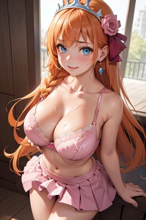 Very detailed CG Unity 8K wallpaper, Cute One lady, Mature Hair、lady ,beautiful lady, pale skin (Super masterpiece, Beautiful person, well detailed face polluted smile, Photorealistic, hyper realisitic), Perfect hands、Five fingers、Perfect hands、Perfect legs、Perfect toes、
((20year old、Pink Bra、Pink gorgeous skirt 、Best Bust、(Bust 85cm)、(large breasts)、
open chest wide、Happiness、A slender、Shy face、earrings、Get closer to your audience、Hide your arms behind your body:1.3))、
hiquality、visualart、Romance movie style、
(In a crowded city、seen by many people)、cleavage,cleavage cutout、(Sweaty all over:1.5)、midriff peek、、 (downblouse:1.5)、
pecorine, blue eyes, hair ornament, long hair, orange hair, tiara, braid, hair braid,covered erectile nipples