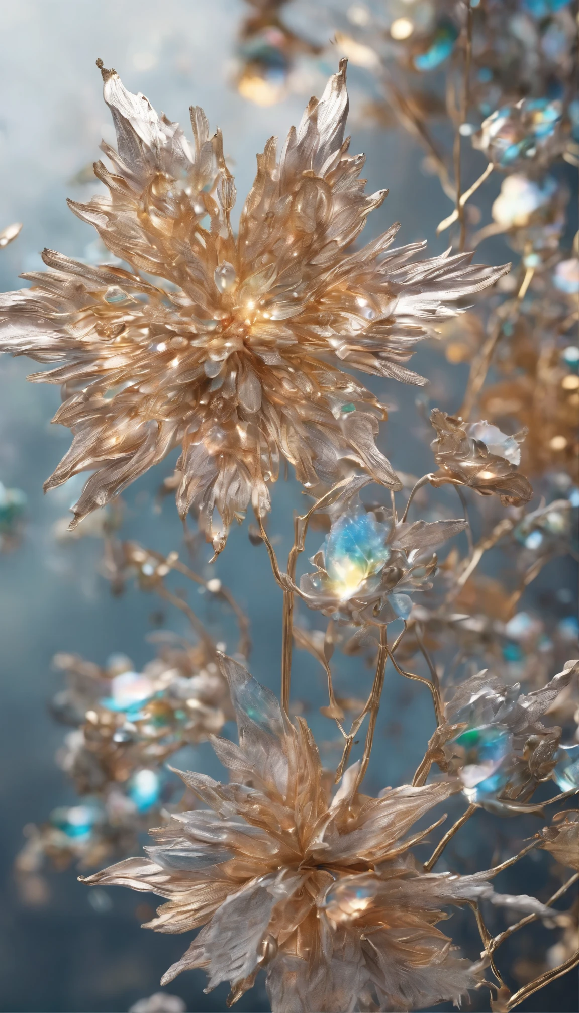 Clear sky, star-filled sky, aurora,moon light,All expressed with jewels, the arrival of spring,
, beautiful batterflys,angles looking up from below, various jewels falling from the sky, wonderful and beautiful superb view, slightly hazy, fantastic, high resolution, 8K, (best quality, highres, realistic:1.37), shiny metallic flowers, intricate and delicate petals, reflective surfaces, vibrant colors, intricate details, close-up view, surreal garden, surreal beauty, dreamy atmosphere, fine art, abstract botanicals, metallic sculpture, contrasting textures, ethereal glow