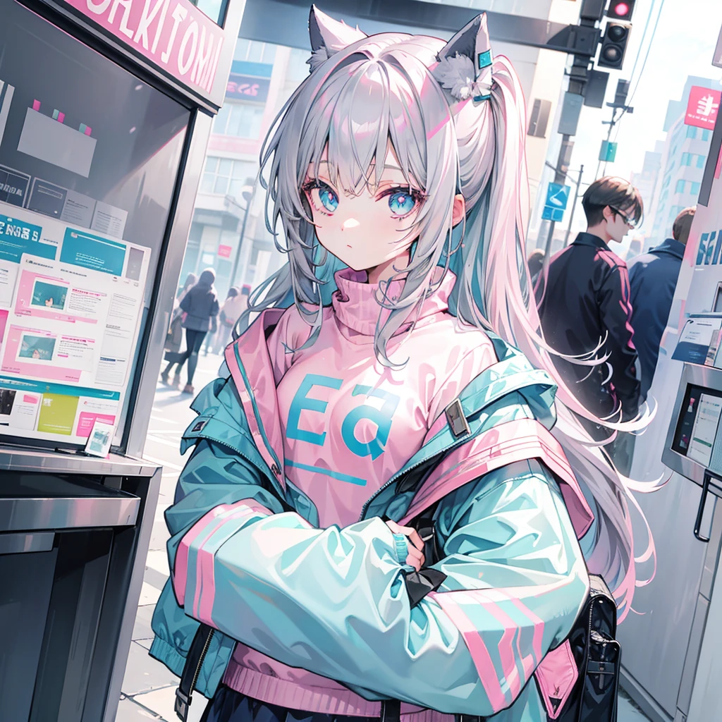 Gray-pink bangs,Blue-green pupils,Wear a silver-white jacket and pink sweater,Wearing a blue scat's a cute girl