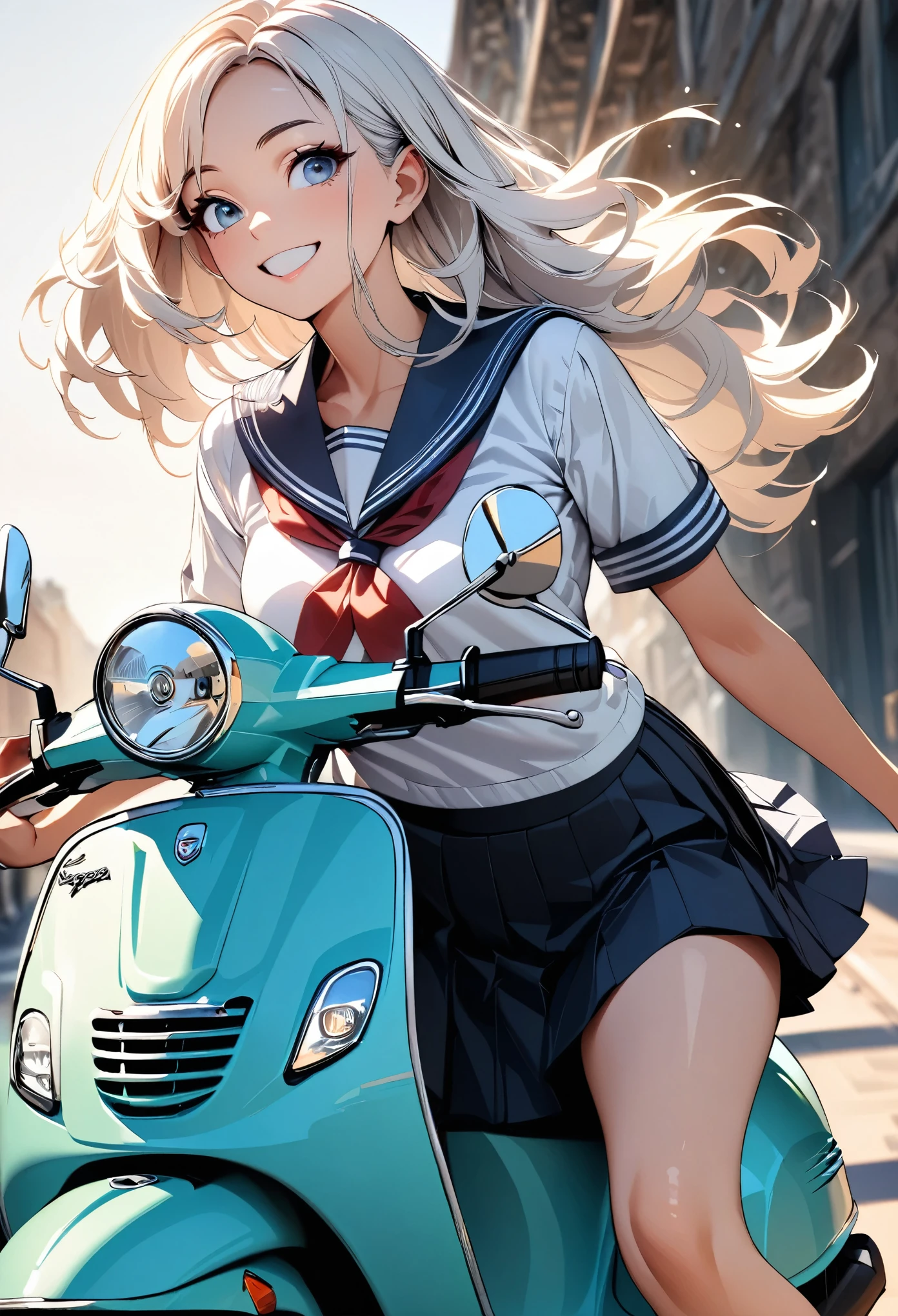 (highest quality:1.2, Very detailed, up to date, Vibrant, Ultra-high resolution, High Contrast, Super Detail, masterpiece:1.2, highest quality, Best aesthetics), (((1 girl))), Beautiful woman, (smile:1.2), Vespa, (Schoolgirl riding a scooter), Detailed skin texture, Sailor suit, Pleated skirt, Detailed face, Detail Eye, Beautiful eyes, Hair blowing in the wind, Detailed scooter, ((Vespa:1.2)), Pop Art.