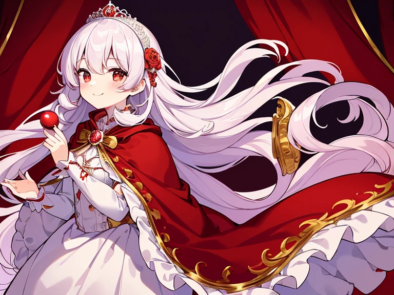 (kawaii),(best quality),(ultra detailed), upper body,(rococo style),(long train red cape:1.15), very long cape,(long train white ball gown with flower decorations), a girl is wearing a cape over her gown, 1 little princess, tiara , smile, very long hair, small breasts