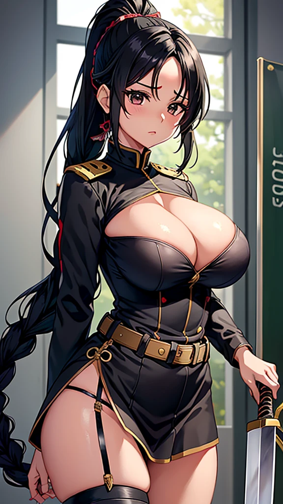 anime (mato seihei no slave), female young , sexy (very big tits), actress (Prachi Sherawat), black eyes, black skin, very long hair tied into a ponytail braid, female military uniform , She is practicing using a sword in the training room. 