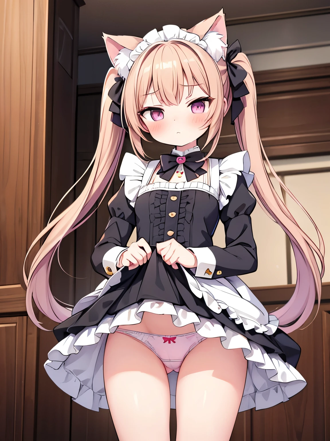 masterpiece, best quality, ultra detailed,1 cat girl , long hair, twin tails, cat ears maid, standing, open legs, ((lift skirt)), (panties), blush, panty shot,