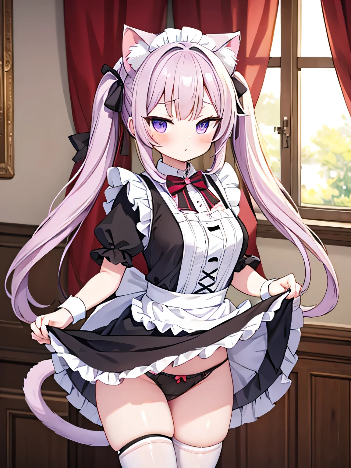 masterpiece, best quality, ultra detailed,1 cat girl , long hair, twin tails, cat ears maid, standing, open legs, lift skirt, panties,