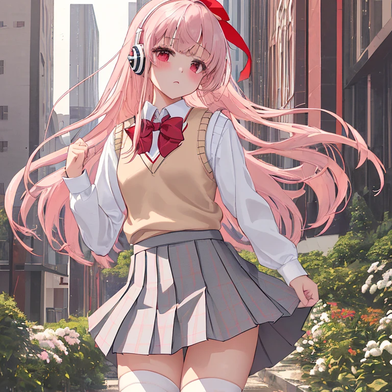 (8k、highest quality、masterpiece:1.2)、Illustration touch、Ultra-detailed、Super A High Resolution、garden、Light pink hair、long hair、Headphones、Woman in uniform、clear、High 、White long sleeve blouseと紺色のSweater vest、White long sleeve blouse、Red bow tie、The blouse is all buttoned、紺色のSweater vest、Sweater vest、Red Check Skirt、Red Check Skirt、mini skirt、White knee socks、White Pantyhose、Delicate limbs、Inner thighs、Grab the hem of your skirt、Skirts that turn over in strong winds、White panties、(School uniform:1.4)、Blushing、Embarrassed