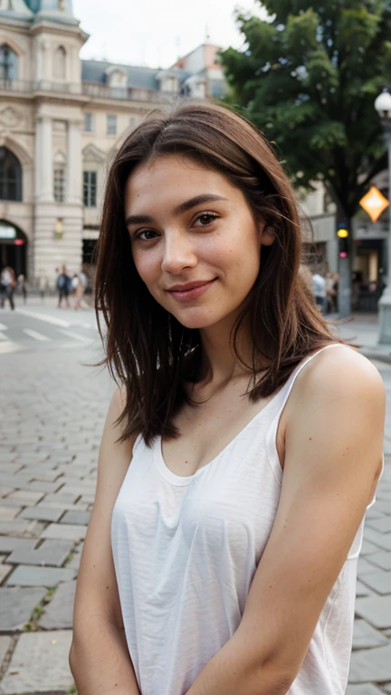 exact same face, dating, casual outfit, hot summer evening, sweaty, Lyon in France Place des Terreaux, shy smiling, standing, outdoor, love look, beautiful brown eyes, natural skin, close portrait, (photorealistic: 1.37)