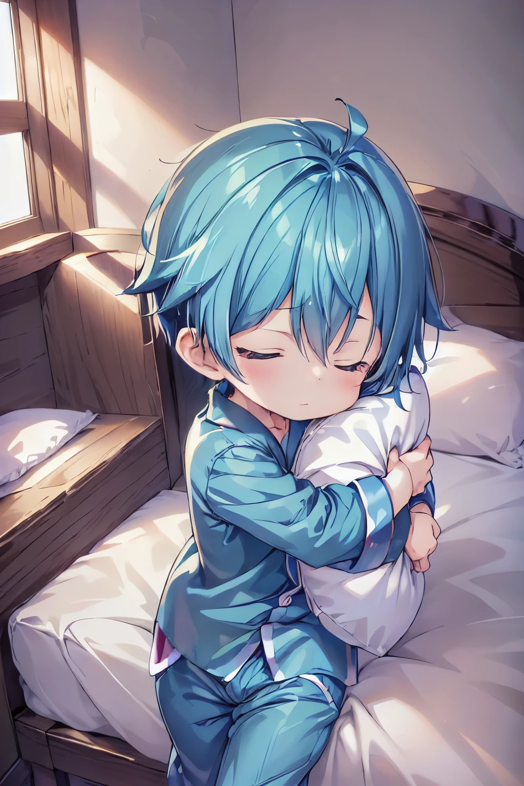 1boy, aoi, blue hair, masterpiece, ultra detail, male focus, wearing pajamas satin shorts, sleeping and hug pillow, closed eyes,
 