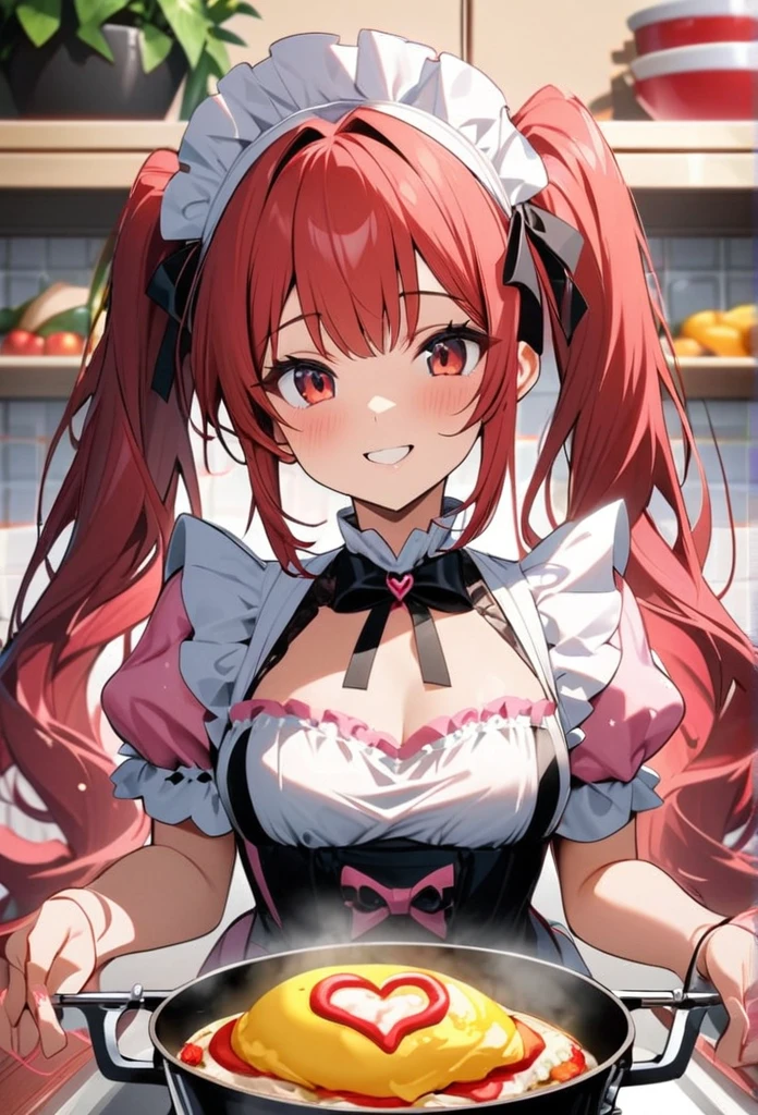 Ultra-high-definition 3d CG Portrait 、One cute girl She works at a casino bar in a maid-style bikini-type costume.(The girl has beautiful wavy hair in red twin tails:1.2).Beautiful red eyes,A cute maid-style hair accessory on her head,A cute maid-style swimsuit with white frills, the swimsuit is black Bordered,Her breasts are a little large and she has a beautiful bust.She stands at the roulette table asking for the next bet,She emphasizes her cleavage and seduces the customers. She has a cute and devilish look.Looking up,Looking at the CEO,Night casino background, beautiful neon lights, beautiful light from the ceiling,The beautiful and cute depiction of the girl, the beautiful firmness and shine of her hair,Fine skin texture, youthful skin and luster,Photo-like resolution, photo-like resolution,(Masterpiece, best quality, 16k:1.5), ultra detail,Cinema lighting, studio lighting, professional photography, super fine painting, super fine view,neon sign