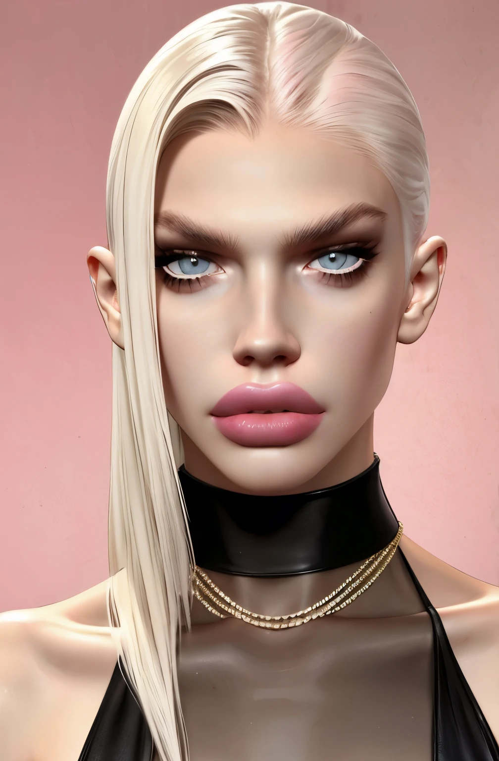 boy avatar, andrej pejic, long blonde hair, gray eyes, sharp features, white skin, bimbo lips, pink lipstick, sexy look, naked, pink room background.