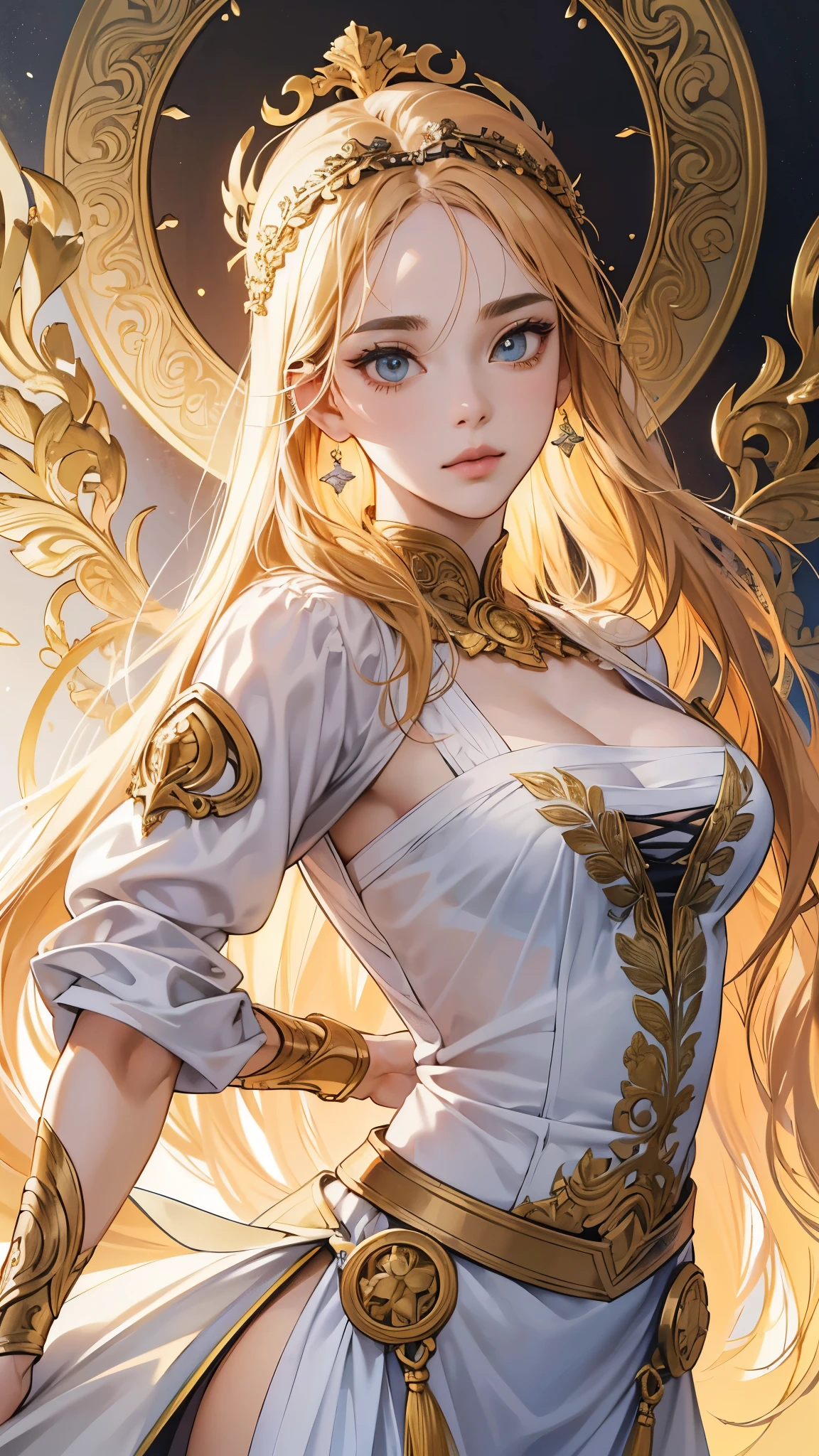 uma mulher em um vestido branco segurando um escudo e um escudo, Deusa grega Atena, gorgeous goddess of leo, Deusa da mitologia grega, Deusa grega, Atena Deusa da sabedoria, Modelo IG | Artgerm, Deusa Dourada Atena, Artgerm extremamente detalhado, estilo de Artgerm, O Deus Atena, como visto no Artgerm, venus godness athena, (master part, Qualidade Superior, melhor qualidade, Arte Oficial, Beautiful and Aesthetic:1.2), (1girl), extremamente detalhado,(Arte Fractal:1.3),colorido,mais alto detalhado,(perfect anatomy:1.2)(absurdres, highres, ultra detailed),Masterpiece,intricate details,Best quality,8k,Realistic face,anime girl,Realistic skin texture,magnified textures, stunning clarity, ultra detailed eyes and faces,look at viewer,cowboy shot