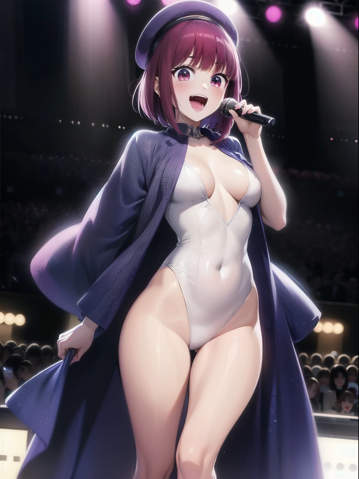 1 girl, graduation bob, straight short hair, mediumvioletred hair, mediumvioletred eyes, big droopy eyes, small beret, selfish, see-through, sexually suggestive、Idol、Live Stage、Live at the Dome、Singing live、Full body painting、頭から足先までのFull body painting、Microphone Performance、light up、sing on stage、A packed audience、figure:background(1:3)、Singing passionately、Sweat、Full power performance