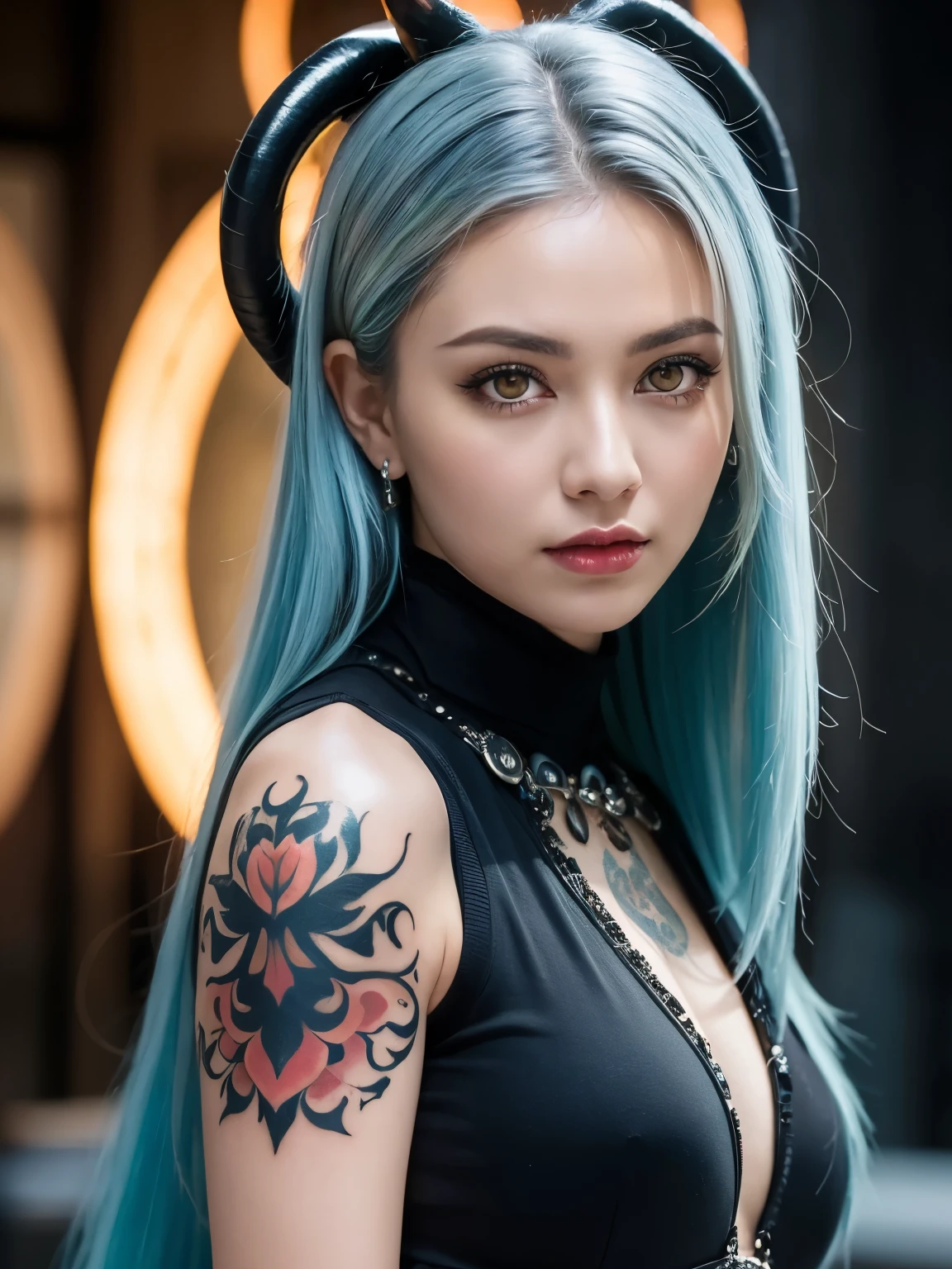 (((masterpiece))), (((highest quality: 1.4))), ((Super Detail: 1.4)) , An extremely detailed gouache painting of a tiefling woman, Gorgeous exotic features, Amber neon eyes:1.5, Glowing silver hair, Highly detailed facial features, Expressive Face, Detailed Texture, Blue skin tone, Tattoo, Natural Skin Shader, Volumetric, Warm shades beneath her skin, Ultra-high resolution full body shot、Combat Ready、About to pounce、