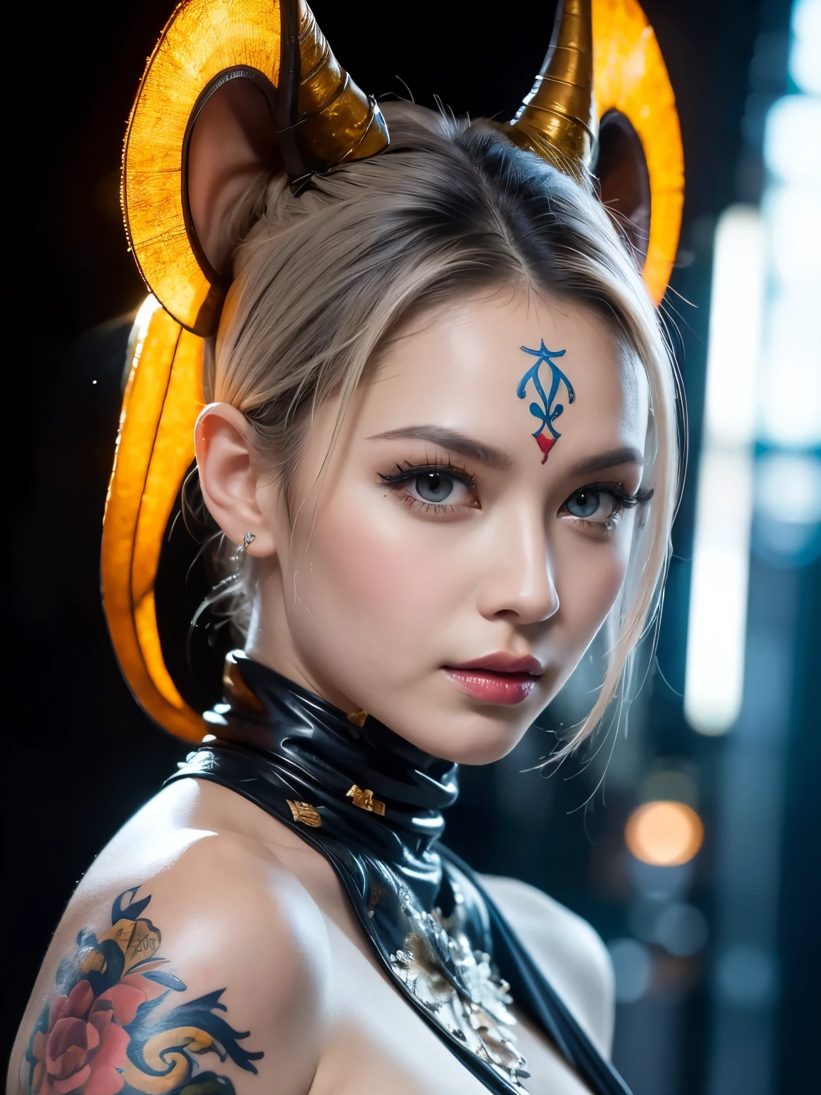 (((masterpiece))), (((highest quality: 1.4))), ((Super Detail: 1.4)) , An extremely detailed gouache painting of a tiefling woman, Gorgeous exotic features, Amber neon eyes:1.5, Glowing silver hair, Highly detailed facial features, Expressive Face, Detailed Texture, Blue skin tone, Tattoo, Natural Skin Shader, Volumetric, Warm shades beneath her skin, Ultra-high resolution full body shot、Combat Ready、About to pounce、