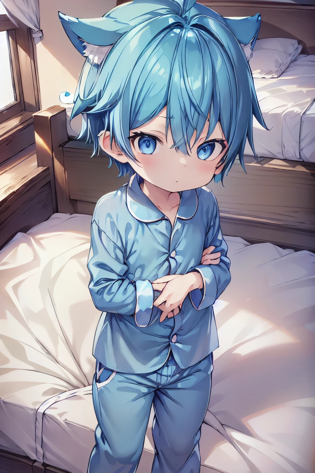 1boy, aoi, blue hair, masterpiece, ultra detail, male focus, wearing pajamas satin shorts, sleeping and hug pillow, blue eyes,
 