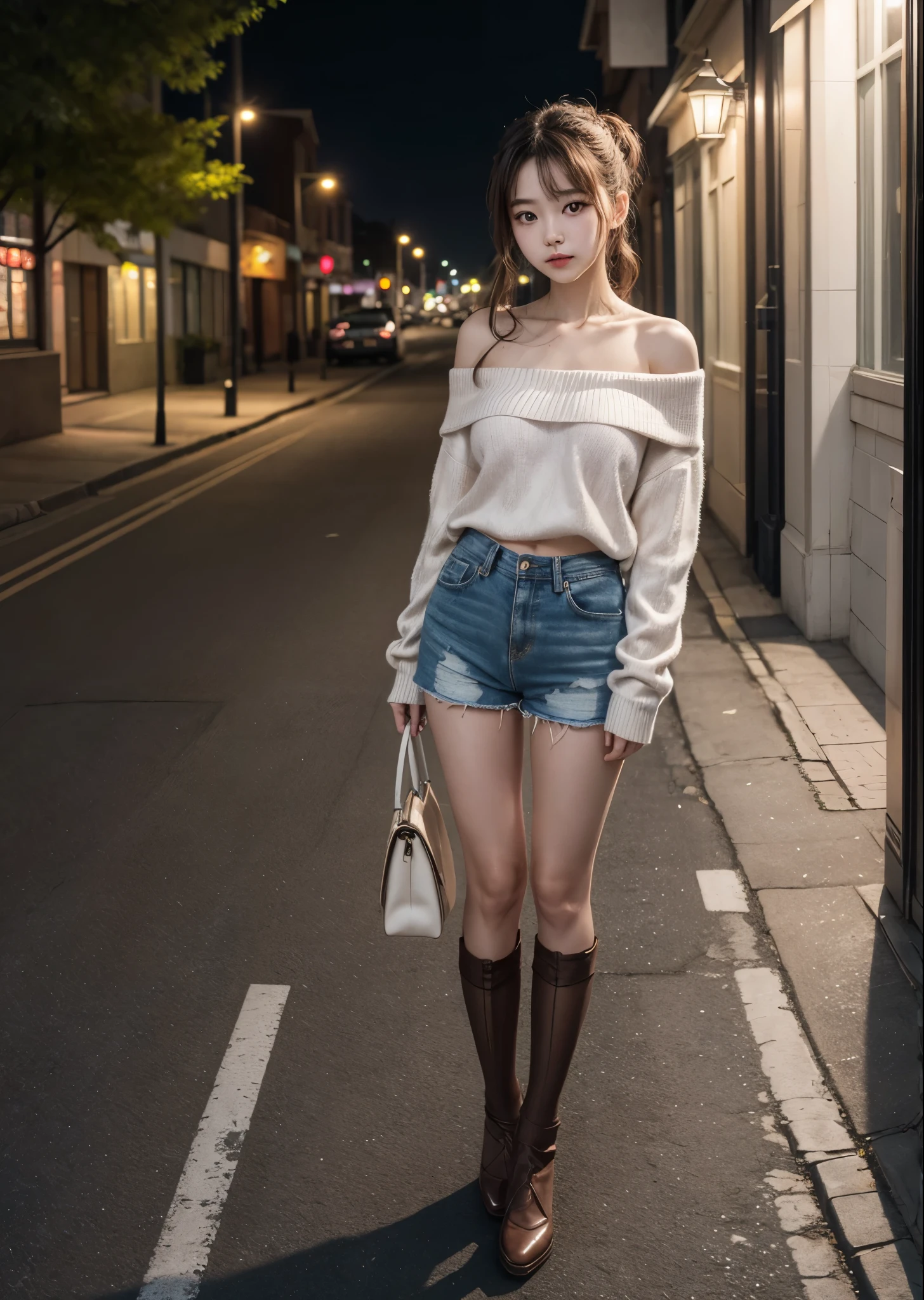One cute girl、Pink off-the-shoulder sweater、Shorts and brown stockings、An empty city street at night、Outside lights come on、Full body photo、Perfect lighting、Sharp focus、High resolution、High resolution、High color reproducibility、High resolution、Ultra-realistic、Photorealistic