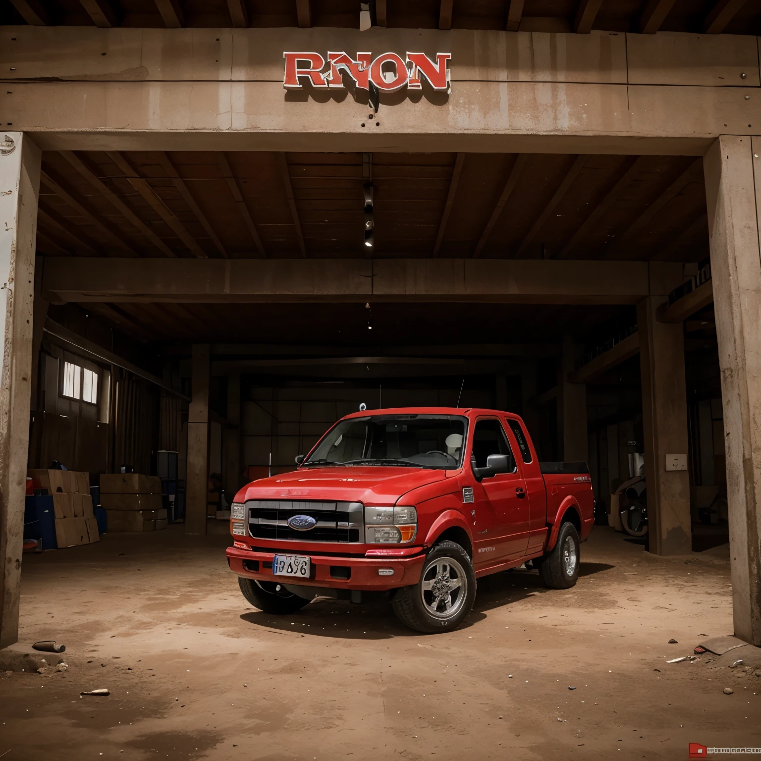 Una grua roja, en planchon, marca ford 350,con muchos accesorios, y muchas luces