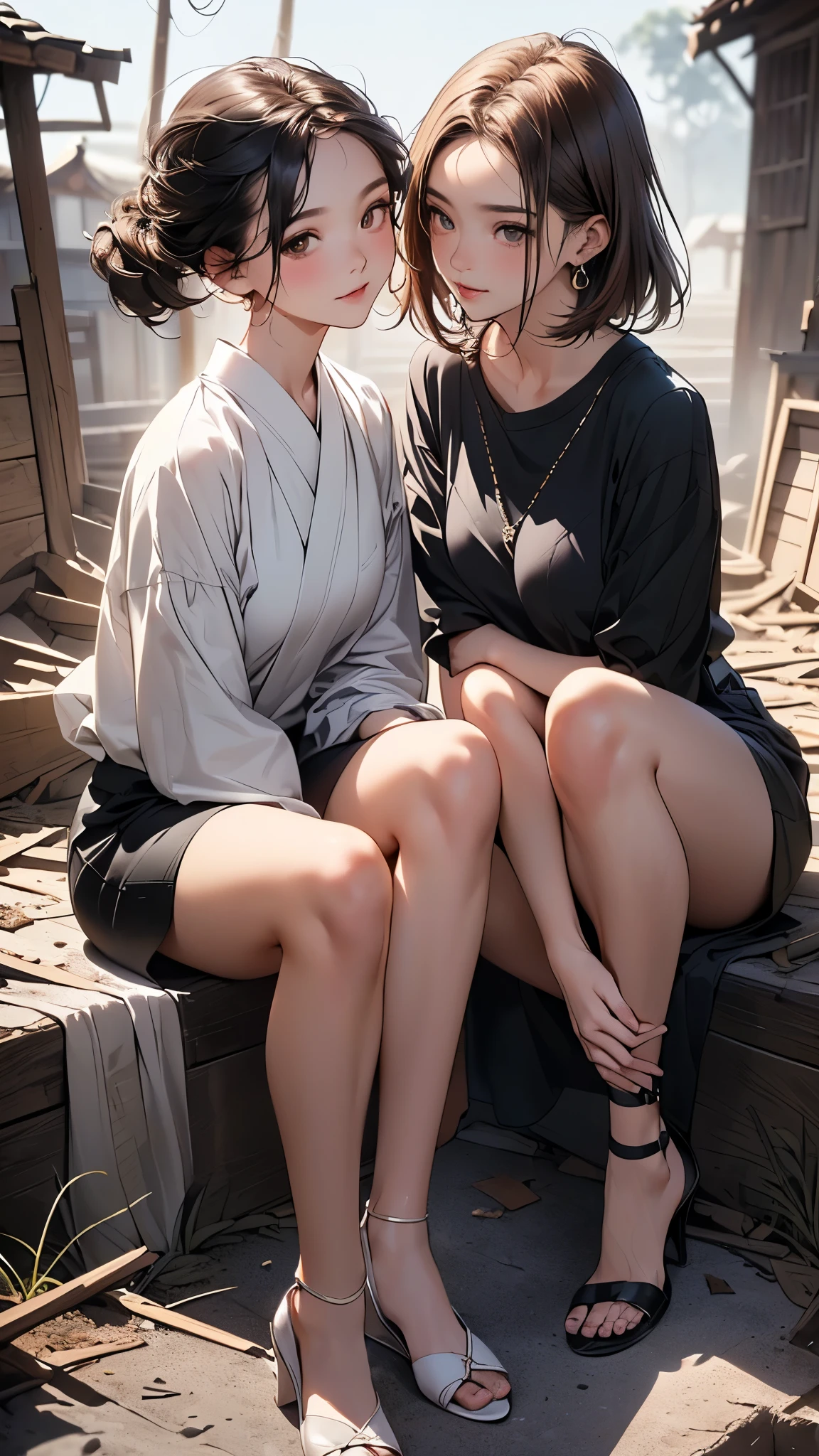 ((Biologically correct limb count))、((A photo including the knees and face))、4K、masterpiece、((Focus on the face))、((Symmetrical facial features))、Beautiful woman、Excellent style、(High heels)、Facial detailing、((shirt)、skirt)、Abandoned Japanese Village Background、A lonely look、