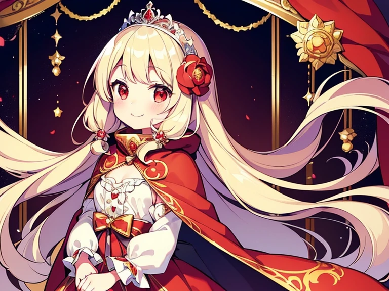 (kawaii),(best quality),(ultra detailed), upper body,(rococo style),(long train red cape:1.15), very long cape,(long train white ball gown with flower decorations), a girl is wearing a cape over her gown, 1 little princess, tiara , smile, very long hair, small breasts