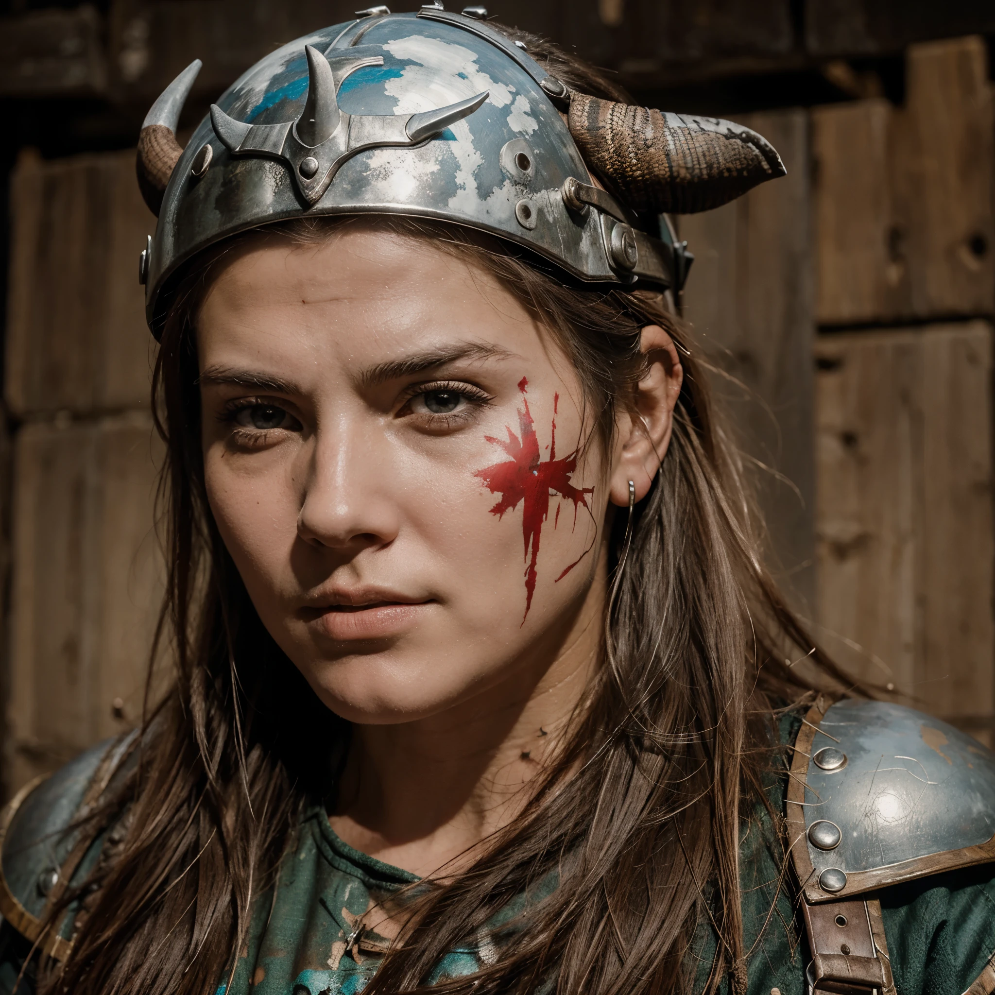Rostro de Vikingo con casco cicatrices y pintura y un poco ensangrentado con mucha furia