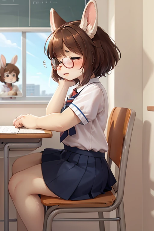 left side view , focus face , hairy bunny Short stature girl , (realistic hairy bunny fur:1.2) , round Mumps face , (tilt face:1.2) , geek , round eyes , Swollen cheeks , shy , glossy lips , in the school , Class is in progress , school sailor , skirt , sit on chair , (Pinch the hem of a skirt:1.5)