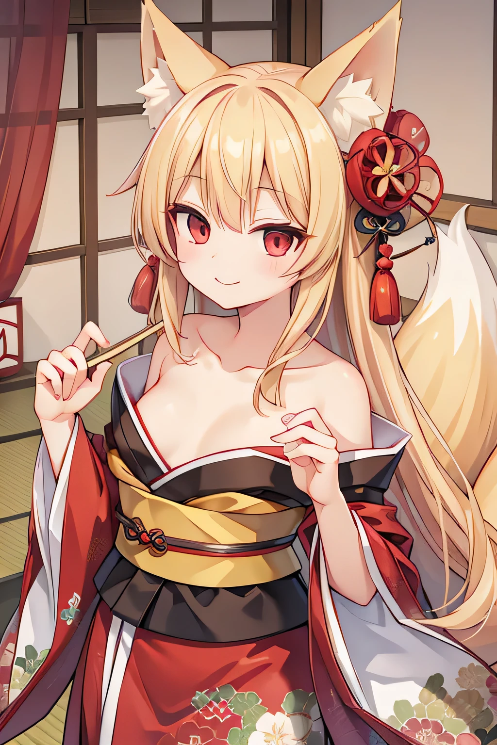 highest quality、smile、Small breasts、Open chest、Fox ears、Long blonde、Red Eye、kimono、Japanese-style room