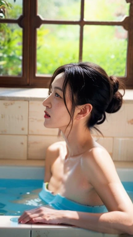 (best quality), (very aesthetic), (ultra-detailed), (best illustration),a mature female,Perfect Face,MKMami,(full_body),skinny,MILF,Taking a bath,big tit,huge nipple,black hair,NSFW,,hair tied back