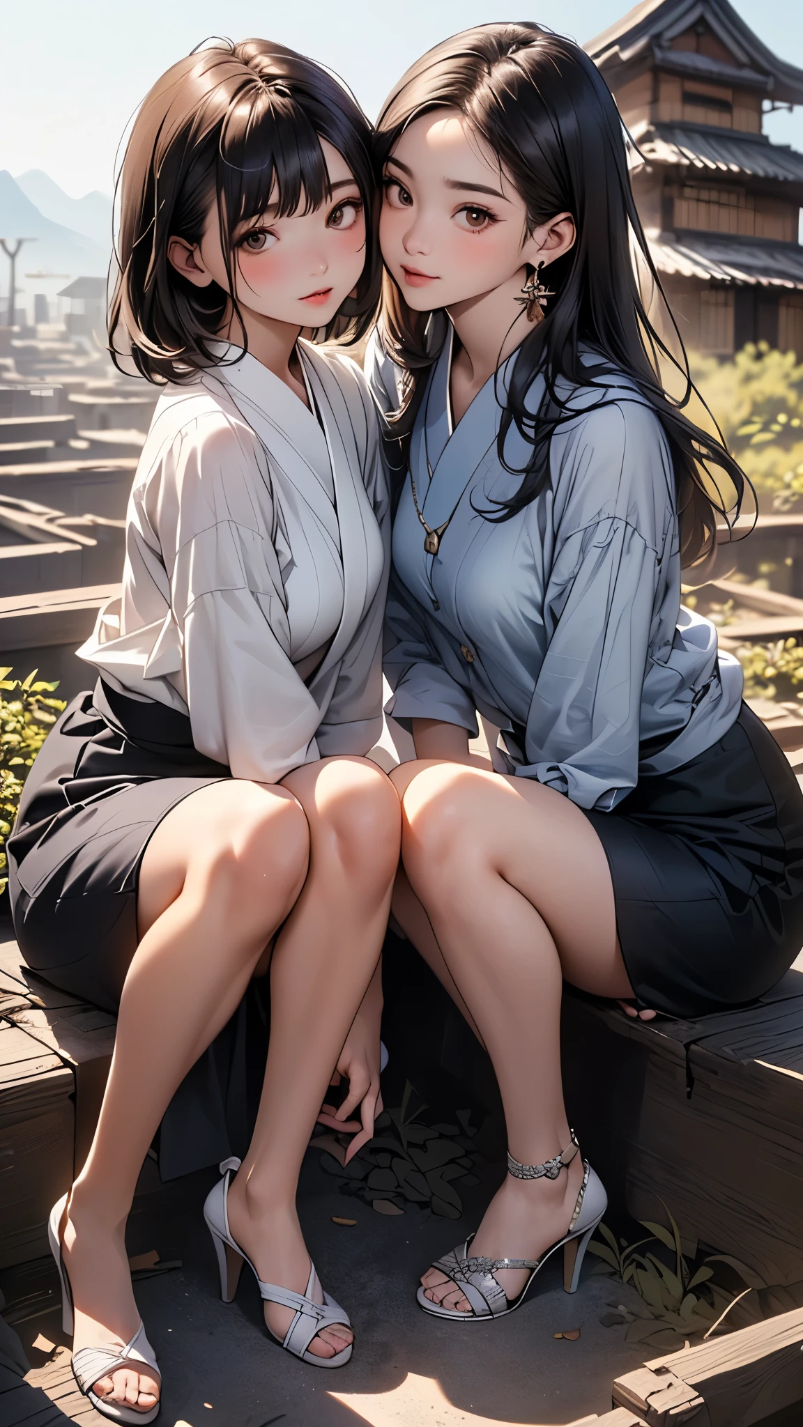 ((Biologically correct limb count))、((A photo including the knees and face))、4K、masterpiece、((Focus on the face))、((Symmetrical facial features))、Beautiful woman、Excellent style、(High heels)、Facial detailing、((shirt)、skirt)、Abandoned Japanese Village Background、A lonely look、