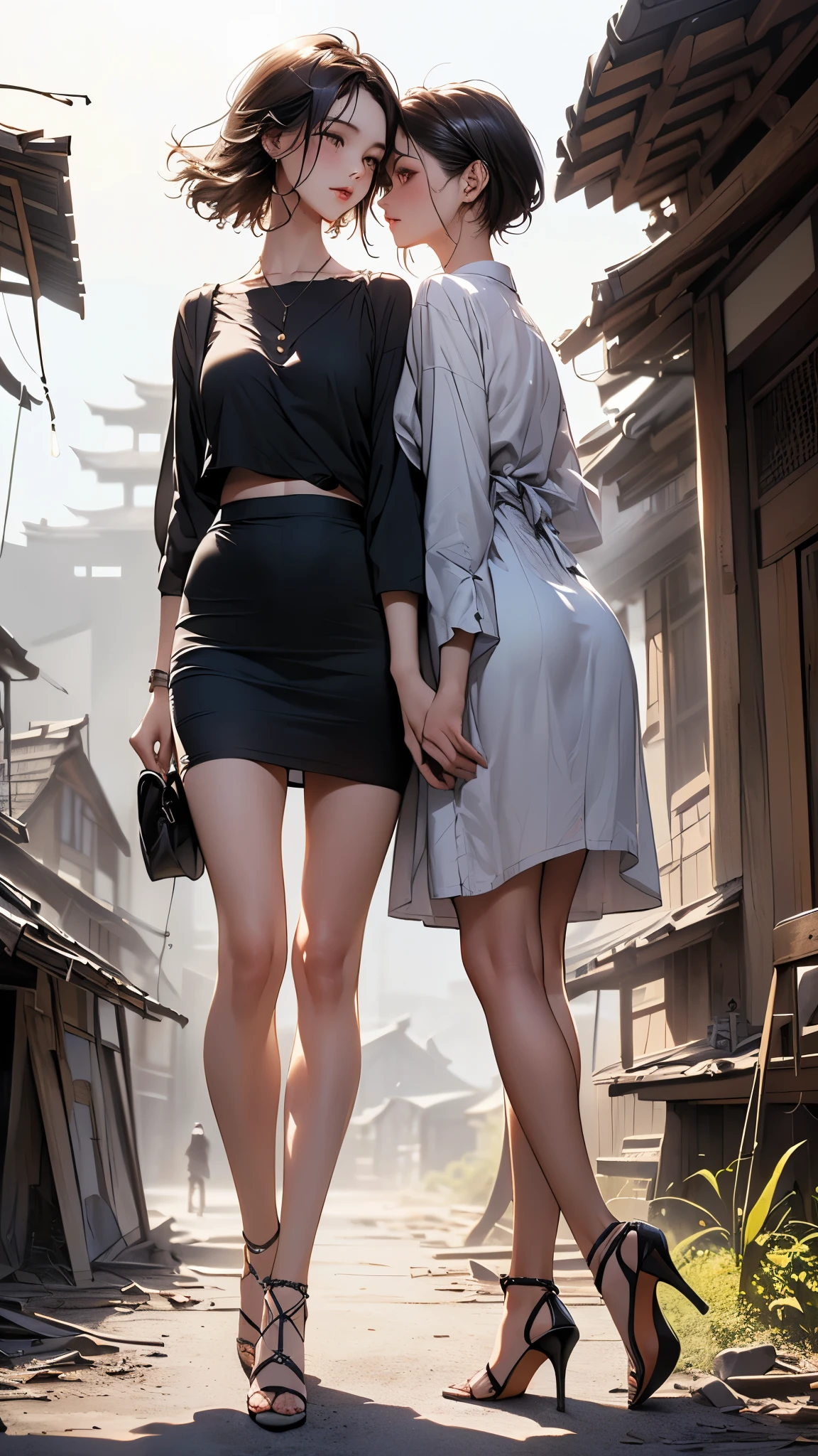 ((Biologically correct limb count))、((A photo including the knees and face))、4K、masterpiece、((Focus on the face))、((Symmetrical facial features))、Beautiful woman、Excellent style、(High heels）、Facial detailing、((shirt)、skirt）、Abandoned Japanese Village Background、A lonely look、