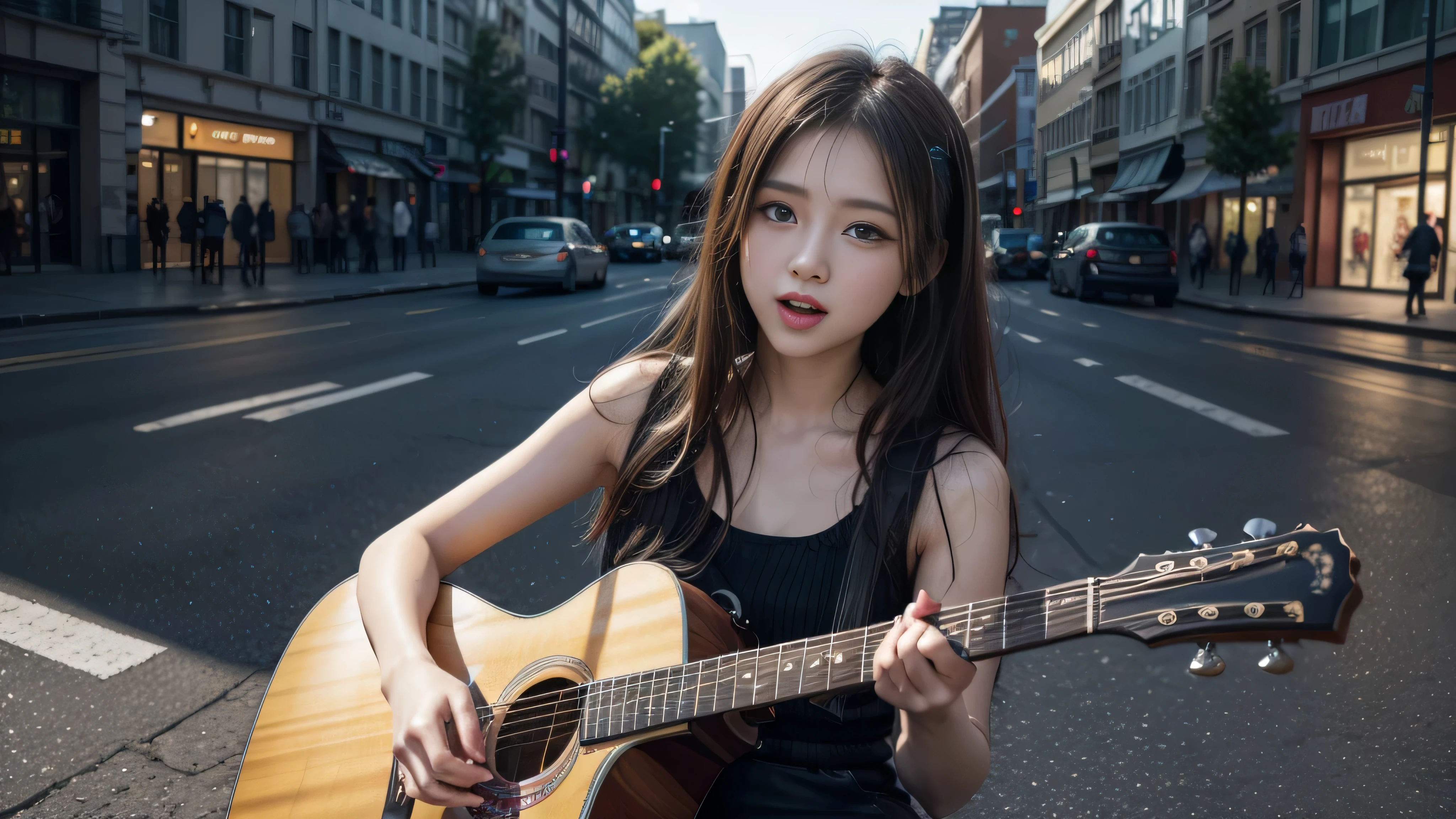 Very cute girl singing and playing guitar on the street、high resolution、masterpiece、Artwork、Fan art、