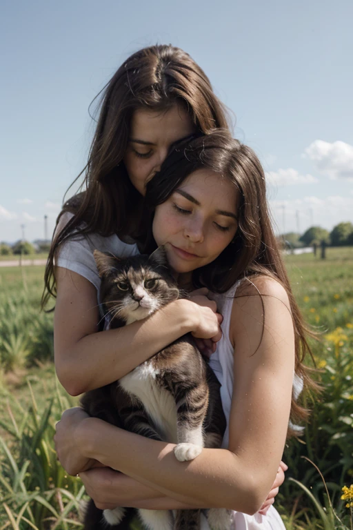 A girl and a cat resting in a field An emotional expression of a girl and a girl healing in sunny weather.