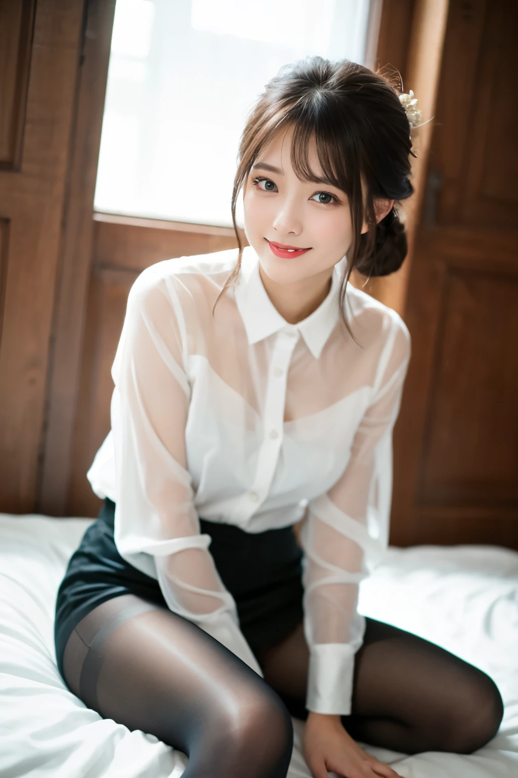 ulzzang-6500-v1.1, (Raw photo:1.2), (Photorealistic), (See-through:1.3), (masterpiece), (Genuine:1.4), Very detailed, Sharp focus, One beautiful woman, Updo, White Tight Button Shirt, Black tight skirt, (Ultra-realistic pantyhose), Sit on the floor with your feet together、Very detailed顔と肌の質感, ((Fine grain)), ((Beautiful Eyes:1.2)), Makeup、smile, bed