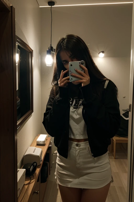 garota e-girl, taking a photo in front of the mirror holding the cell phone with your hand while partially hiding your face, The indoor environment is a bit dark and is only lit by LEDs.