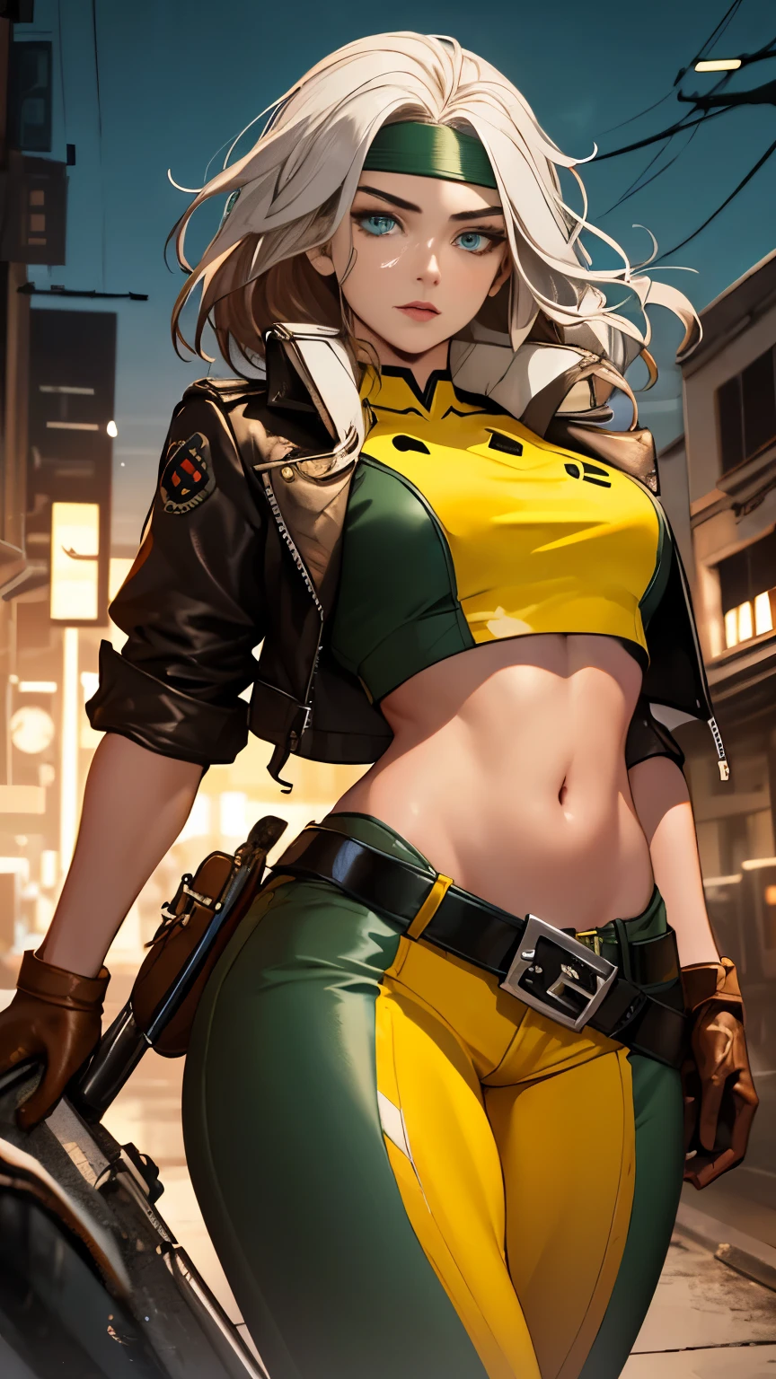 (Highly quality, masterpiece, detailed), night city detailed scenario, night city detailed background, 20 years old girl, solo, multi colored hair, white hair, brown hair, Superhero, Rogue, Xtreme, blue eyes, jacket, open clothes, belt, open jacket, headband, cropped legs, leather, leather jacket, green pants, yellow pants, yellow leather top, green leather top, crop top, navel, perfect face, beautiful eyes, perfect eyes, looking at the viewer, Sexy pose