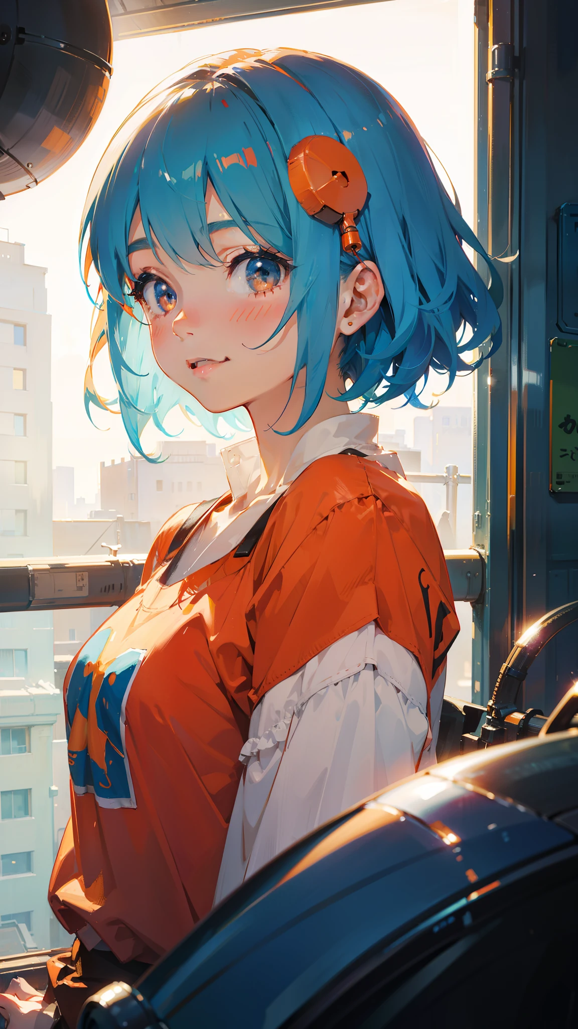 1 girl、Light blue hair、Bobcut、Orange hair ornament、Dark Eyes、smile、Upper body close-up、Side body、Phantom of the Shrimp