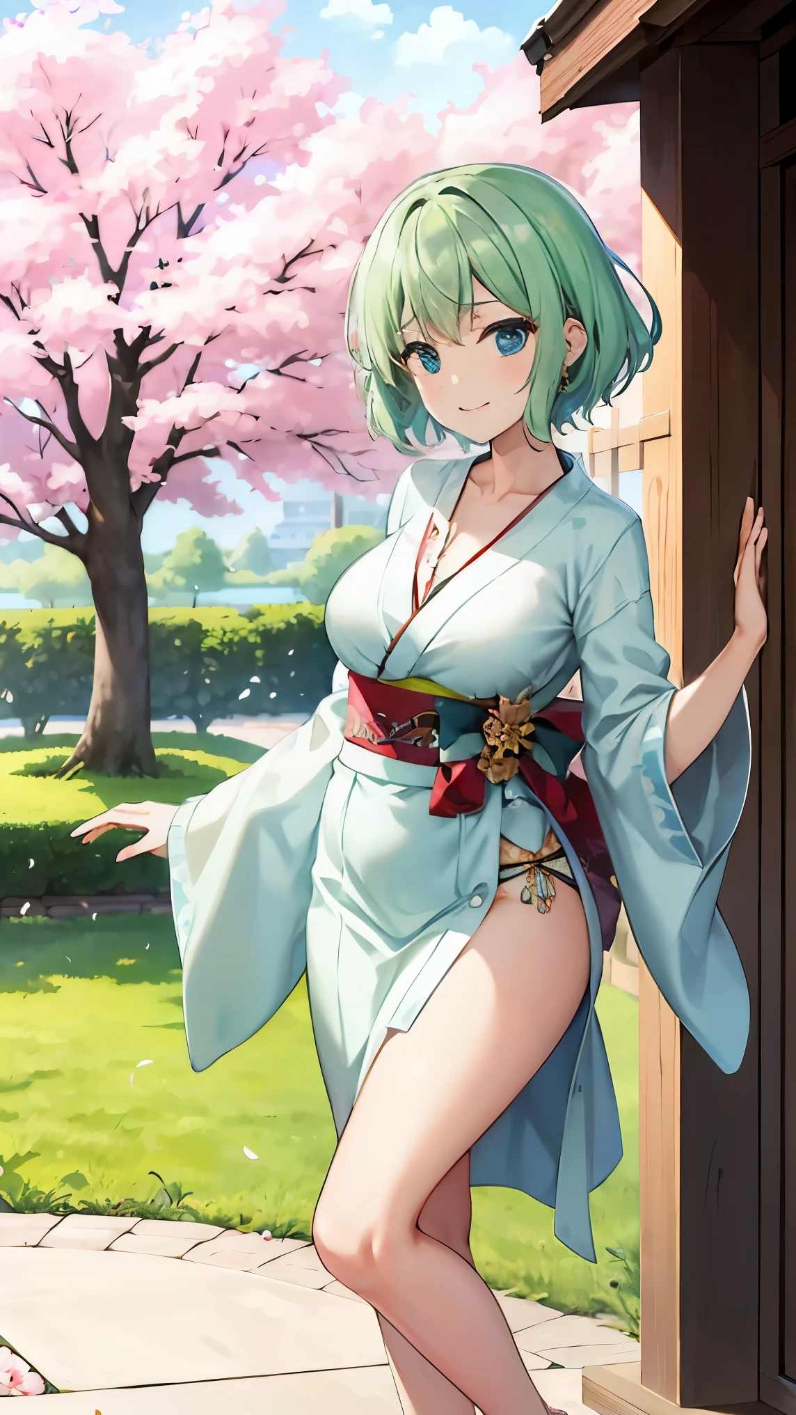 ((masutepiece)), ((Best Quality)), ((8K)), High resolution, 1girl in, Cat ears, Blue and green hair, a pixie cut, Smile, Open mouth, Large breasts, shrine maiden, forest, moon night sky