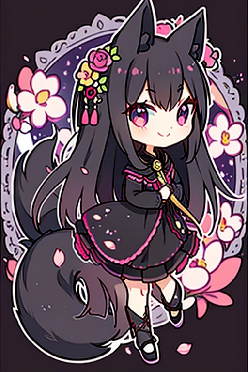 A black haired woman with violet eyes with an hourglass figure and black fox ears and a black fox tail is smiling in a flurry of flower petals