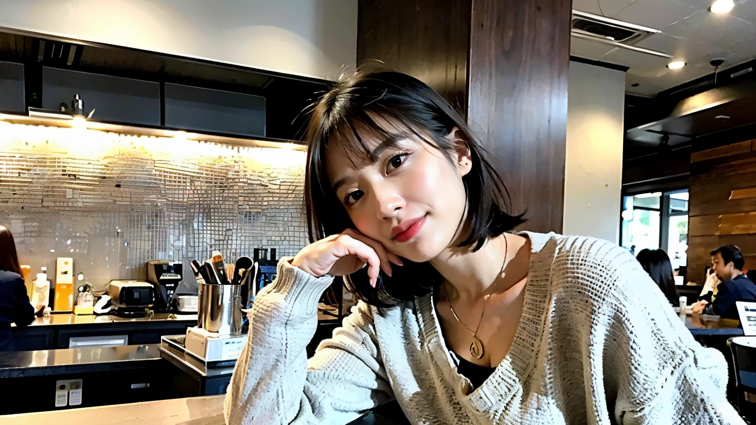 (最high quality、8k、32K、masterpiece:1.2)、A photo of a female college student who looks like a cute model、normal breasts、short bob hair、Upper body、face focus、extra large_sweater、necklace、look at the audience、background a trendy coffee shop with a unique aesthetic and atmosphere. Incorporate elements like modern furniture, artistic decoration, and ambient lighting to enhance the ambiance. People who enjoy drinks々Consider including, engaging in conversation, or quietly working on laptops. Let your creativity flow、In this chic café setting「stable diffusion」Let the idea come to life, I can see other customers enjoying themselves too...。Staff are busy working at the counter.、Feel the vibrancy and warmth of a city cafe.., sharp focus, 1 girl, sexy 1.2, brown hair, With bangs, fine eyes, Beautiful eyes with slit length, double eyelid, (cat face), (cute Face), cute Smile, (close your mouth), (cute), soft skin, surreal, Super detailed, high quality, (beautiful college girl), ((Detailed very cute college girl),