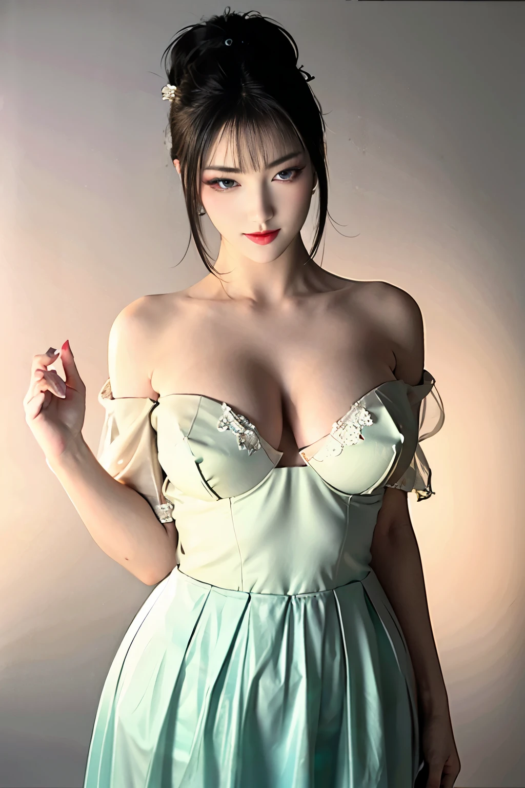 (large round breasts: 1.6), very delicate and beautiful, masterpiece, highest quality, ultra high resolution, 16k, photorealistic, ultra detail, narrow eyes, 1 girl, all white, forehead, black hair , solo, ((very voluptuous glamor)), narrow slit eyes, dark eyes, sparkling eyes, black hair, gloves, dress, luxurious jewelry, earrings, piercing eyes, elbow grooves, hair tied back with hands raised, transparent Demi - cup off-shoulder bra in random colors, transparent short dress in random colors, long eye makeup, narrow eyes, smile, lipstick, complex petal pattern, rim light, backlight, pastel color, studio lighting.