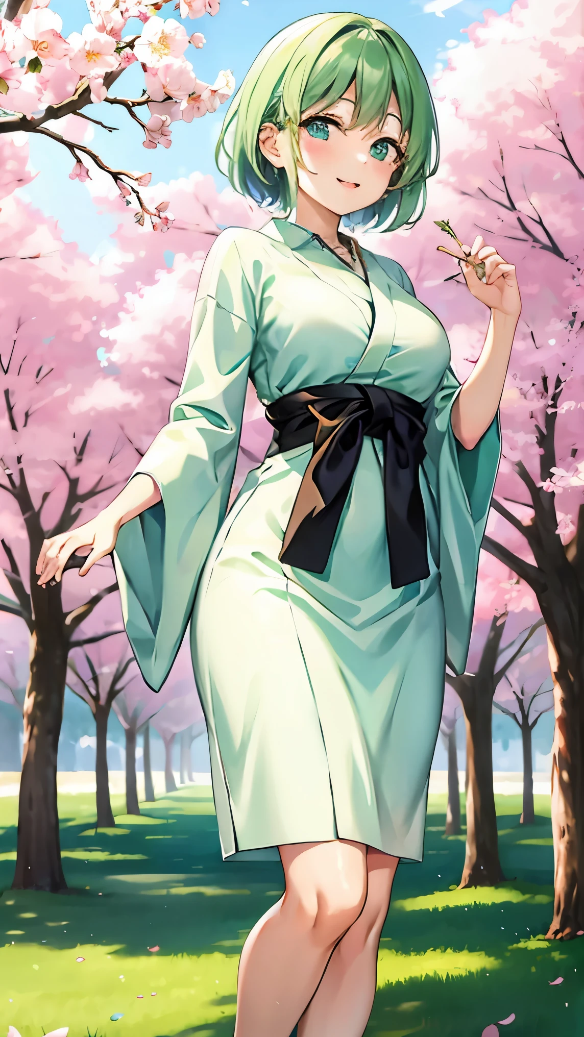 Girl with short green hair, Small breasts, Green Eyes, White Casual Beauty Special、(((tits)))Check out Dressless,Full body photo from head to toe、Kimono、Patterned Japanese clothing、Cherry tree in full bloom、Fluttering petals、Dance、Dancer、