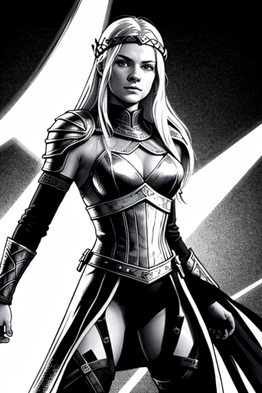 female viking warrior queen, slim fine face, white hair, epic lighting, black and white, comic book style, vector, lineart, no background,
