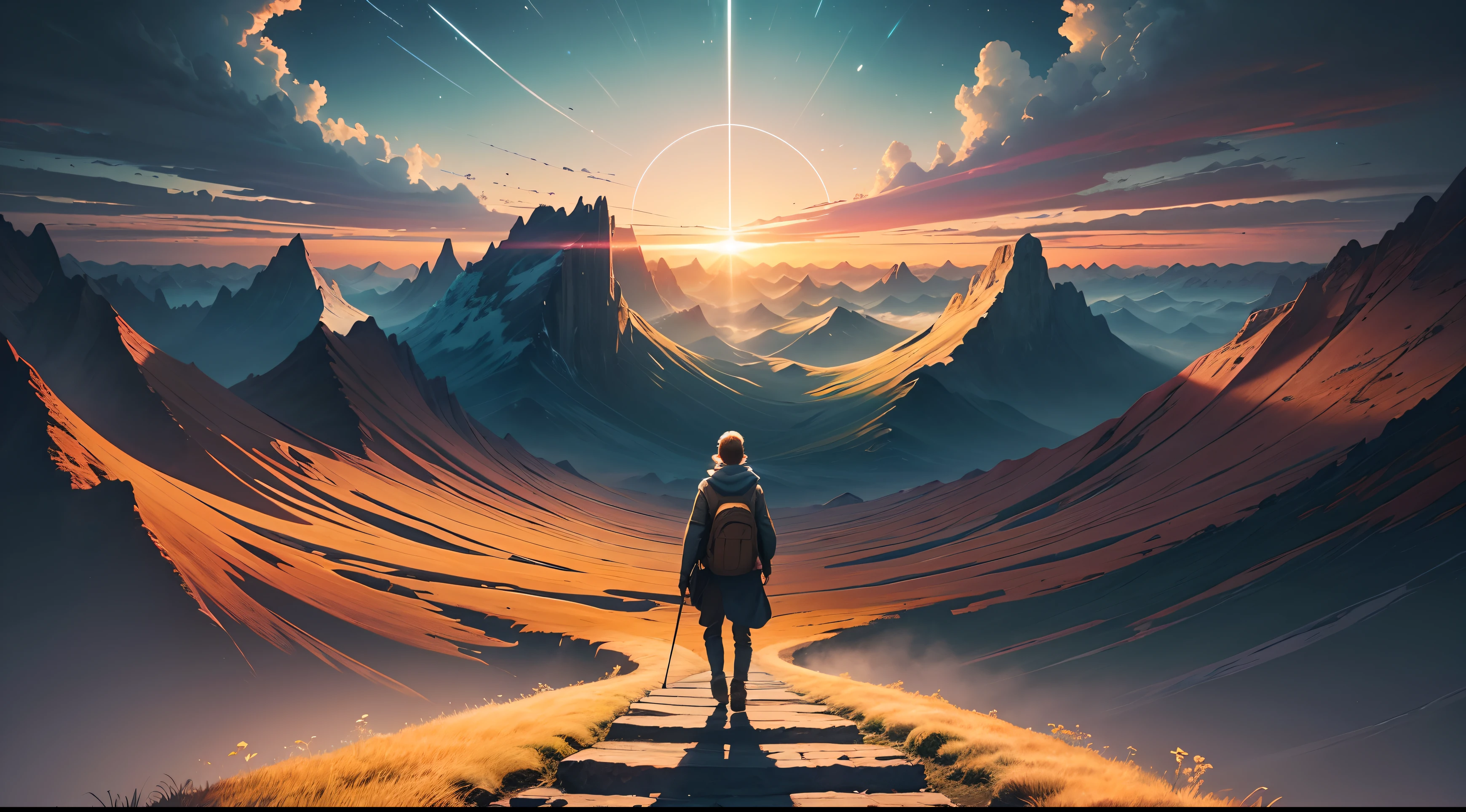 Draw a stunning landscape, with an infinite horizon that stretches as far as the eye can see. In the sky, there is a spectacular sunset, painting the sky with warm, vibrant colors. In the center of the image, there is a lone traveler, walking along a long, winding path that stretches towards the horizon. The traveler is deeply absorbed in thought, carrying an old, worn book in one hand and a flashlight in the other. The path is full of obstacles, but the traveler persists, eager to discover the secrets of life and human understanding that lie beyond the horizon. The image captures the vastness of the human journey in search of meaning and wisdom, showing that despite the challenges, the search continues tirelessly.