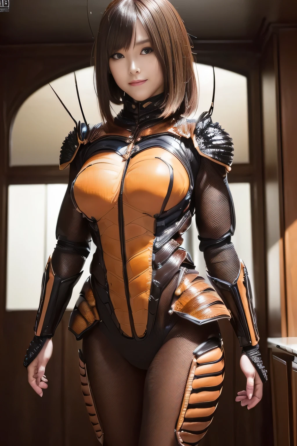 (high resolution,masterpiece,best quality,extremely detailed CG, anime, official art:1.4), realistic, photo, amazing fine details, all intricate, gloss and shiny,awesome many layers, 8k wall paper, 3d, sketch, kawaii, illustration,( solo:1.4), perfect female proportion,villainess, (fusion of dark brown cockroach and lady:1.4), (brown cockroach form lady:1.2), (brown cockroach lady:1.2), (fusion:1.2), (solo:1.4), (evil smile:1.2), muscular, abs, (cockroach brown exoskeleton bio insect suit:1.4), (cockroach brown exoskeleton bio insect armor:1.2), (brown transparency cockroach wing:1.4), (brown cockroach antennae:1.3),