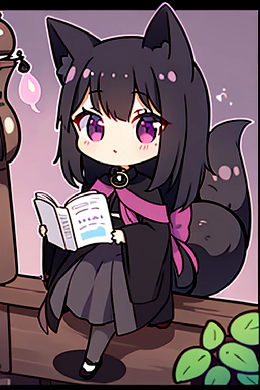 A black haired woman with violet eyes with an hourglass figure and black fox ears and a black fox tail is reading on the roof