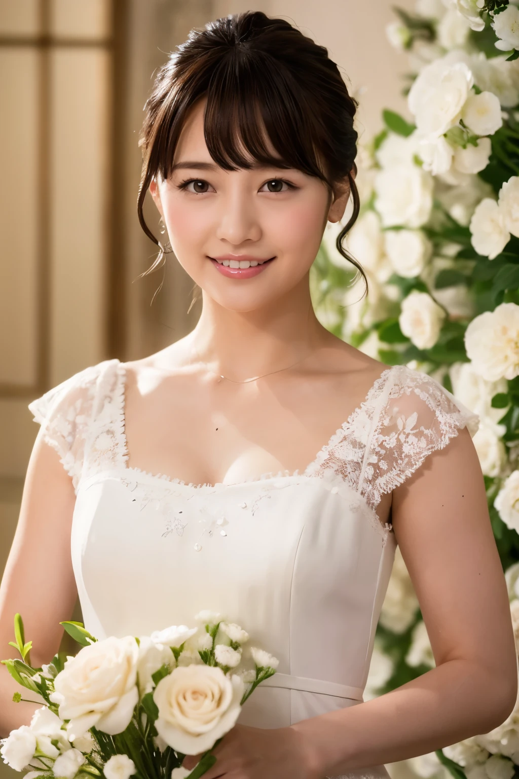 Medium View, Medium Shot, Written boundary depth, bust, Upper Body, Cinematic Angles, masterpiece, highest quality, Very detailed, cg, 8K Wallpaper, Beautiful Face, Delicate eyes, Otome, alone, smile, bangs, have,white colored dresses, bow, petal, bouquet