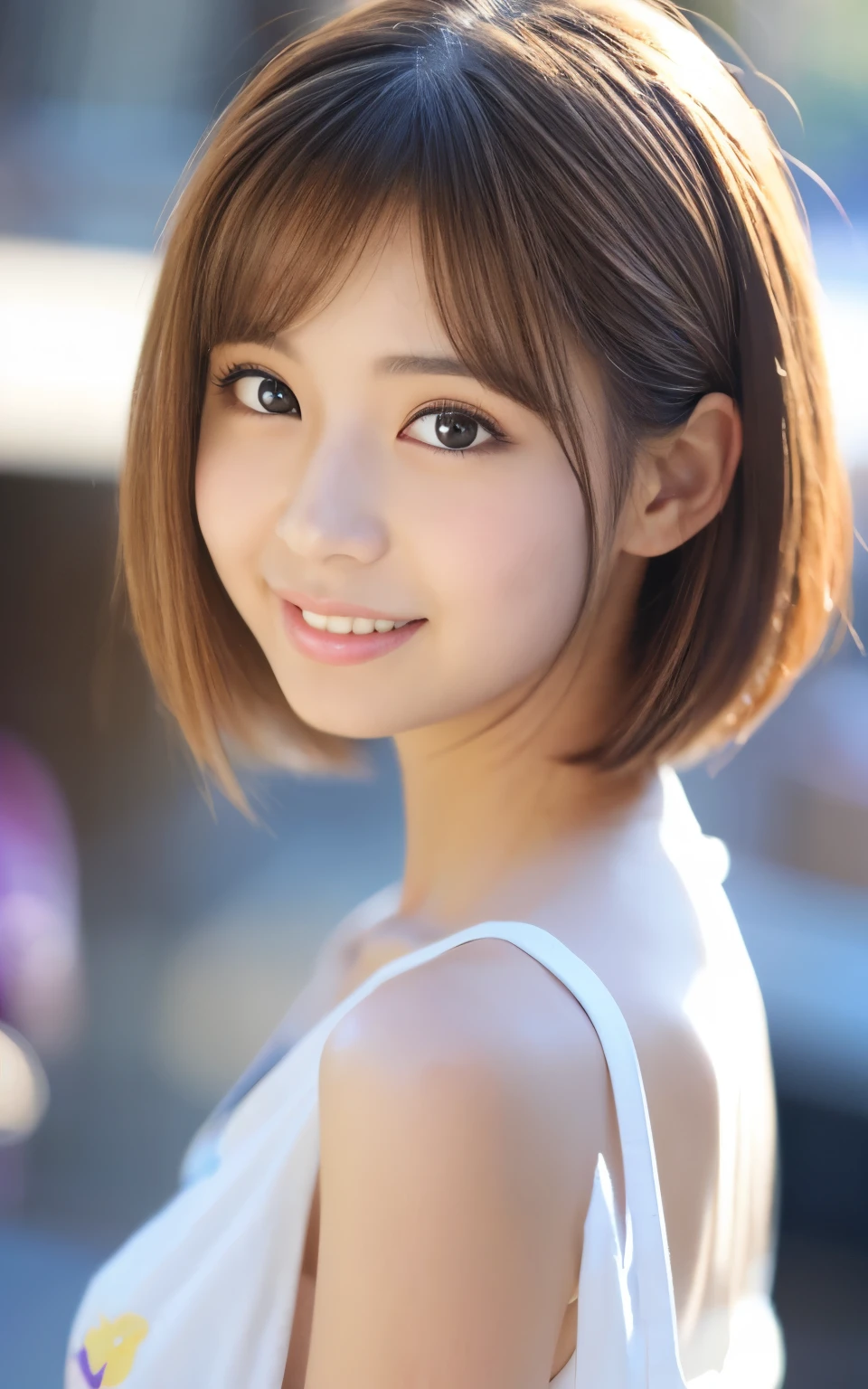 Cute 21 year old Japanese、city、shopping、Super detailed face、Pay attention to the details、double eyelid、Beautiful thin nose、Sharp focus:1.2、Beautiful woman:1.4、(Light brown hair,short hair、),Pure white skin、highest quality、masterpiece、Ultra-high resolution、(Photorealistic:1.4)、Highly detailed and professional lighting、nice smile、Please show me your whole body、Cute Spring Clothes、